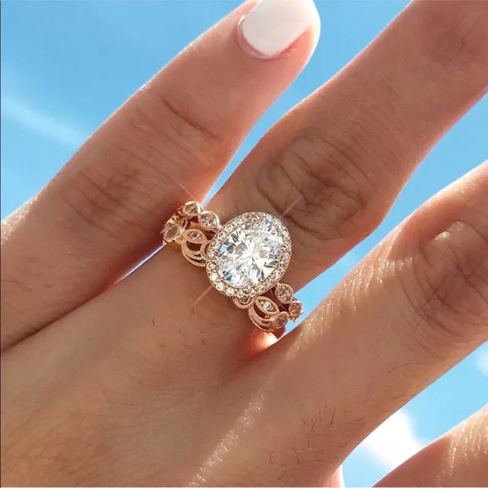 14k rose gold oval engagement ring band set - Picture 7 of 7